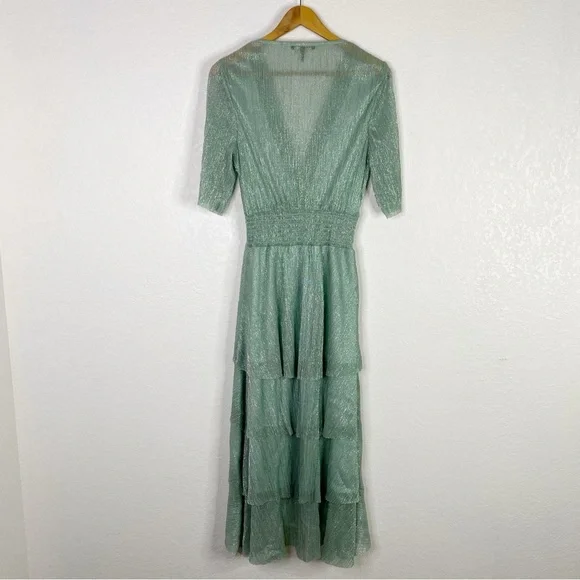 Maje Green Stretch Lurex Ruffled Midi Dress - Picture 7 of 8